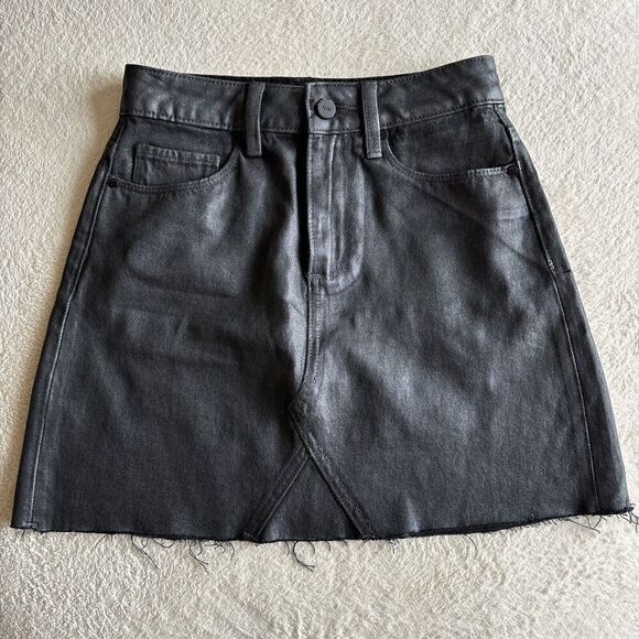 Skirt PAIGE High Waist Aideen Mini Skirt Black Gray Raw Metallic Edge Sz 24‎ - Picture 2 of 10